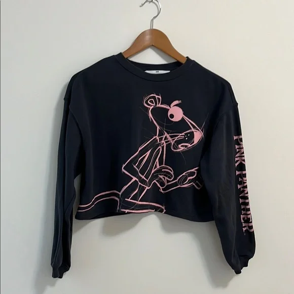 H&M Sweaters Hm Crop Pink Panther Sweatshirt Top Black Cotton